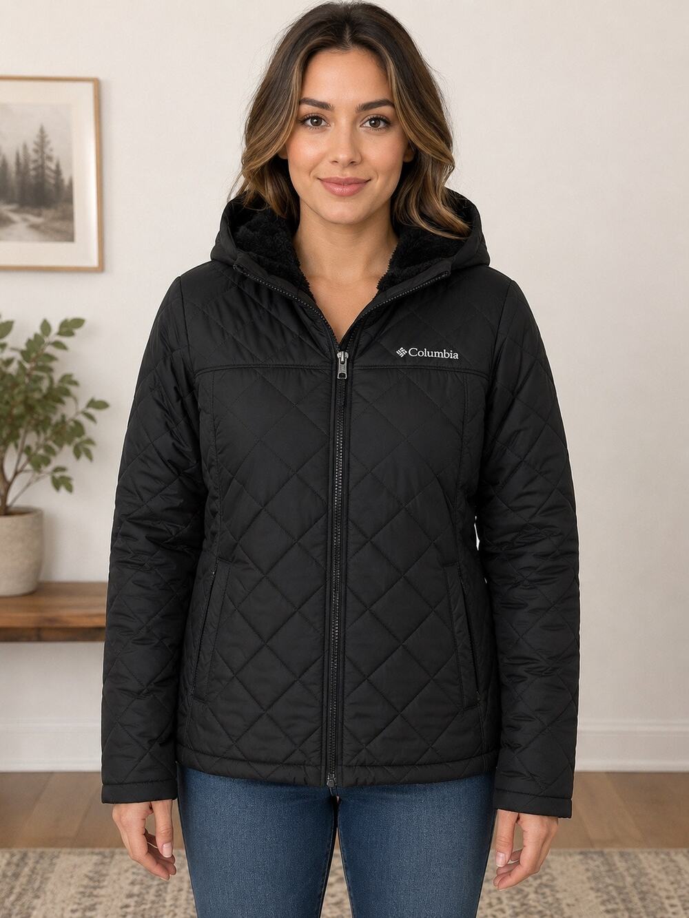 Columbia Women’s XL Black Quilted Hooded Jacket Sherpa Fleece Lined Full Zip